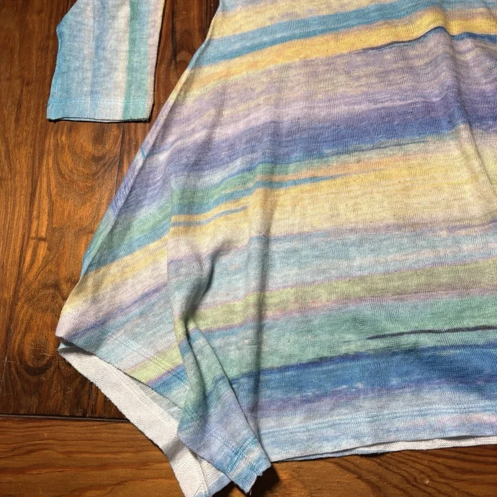Nally & Millie Abstract Stripe Sweater V-Neck Blue Yellow Beach Asymmetric Hem M